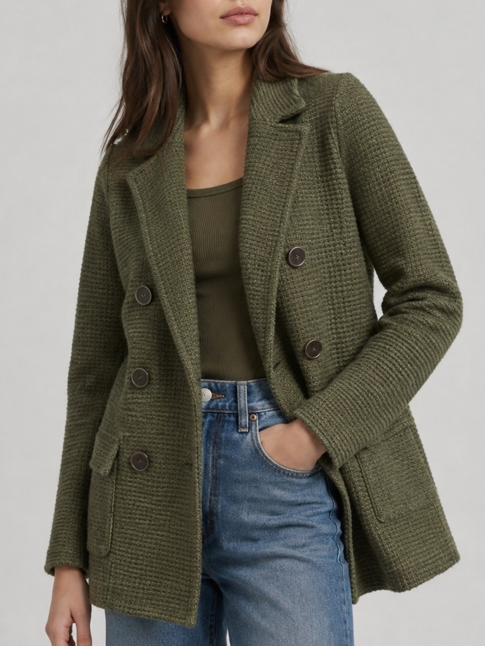 Chico’s Olive Green Knit Blazer Size 0 S Double Breasted Quiet Luxury